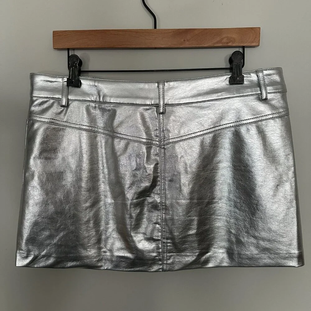 MNG MANGO Faux Leather Silver Mini Skirt Size L Club Edgy Cosplay